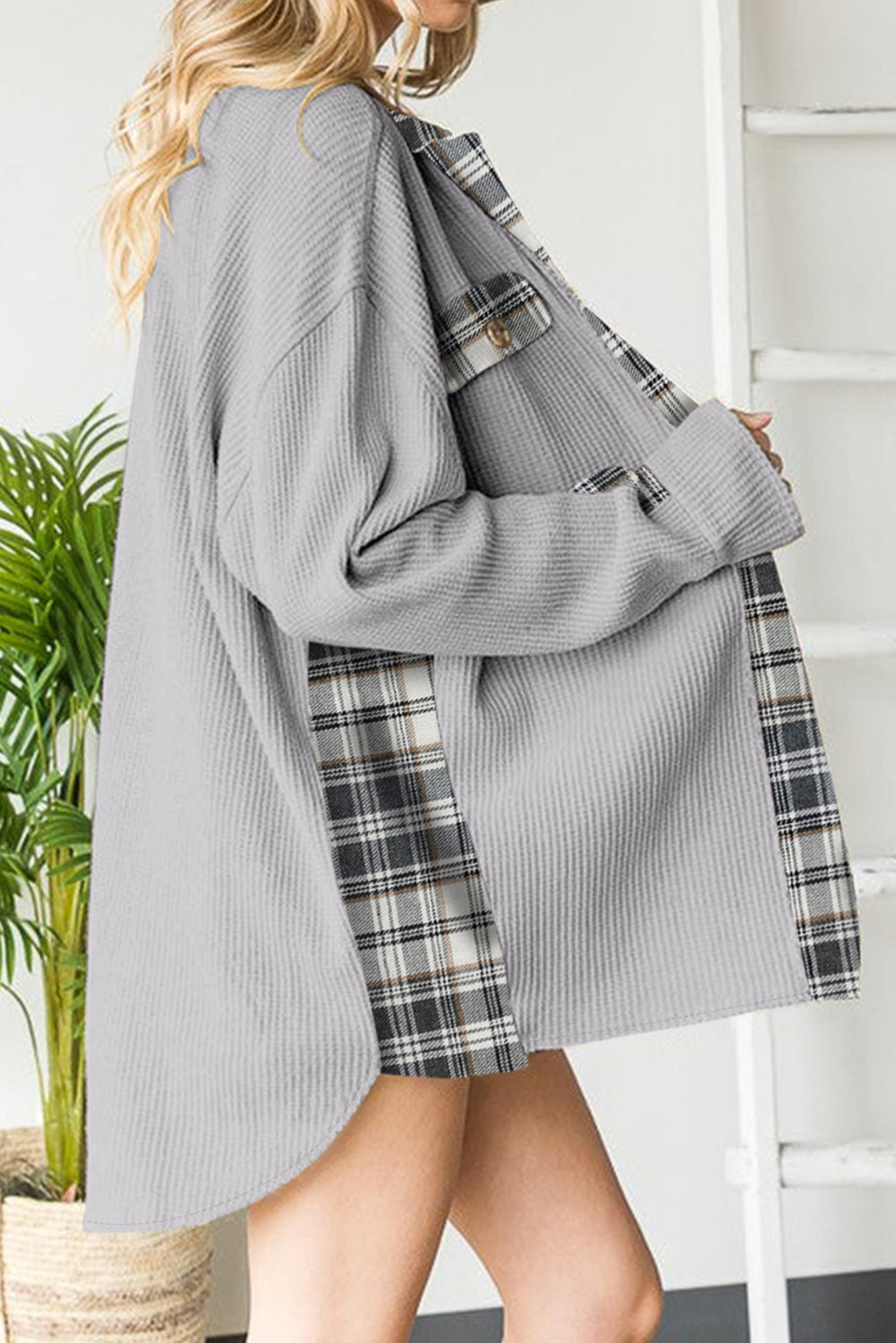 Light Gray waffle knit overshirt with plaid trim and button pocket detail.