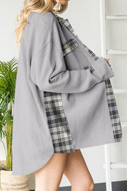 Light Gray waffle knit overshirt with plaid trim and button pocket detail.