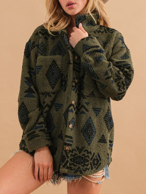Overshirt jacket in Black Forest with Aztec pattern, sherpa fabric, button front, and chest pocket.