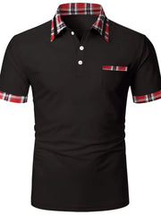 Black polo shirt with plaid trim on collar, pocket, and sleeves.