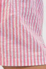 Seersucker boxer shorts in pink and white stripes.