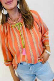 Stripe Tassel Tie Neck Cotton Blouse, model styling view