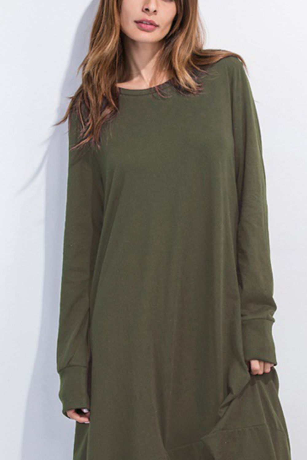 Maxi dress in Matcha Green with long sleeves and a balloon hem.