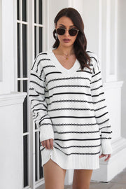 White and black striped knit mini dress with V-neck and long sleeves