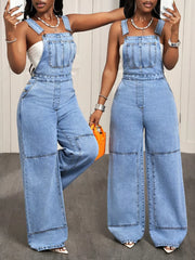 Wide Strap Wide Leg Denim Overalls, front view