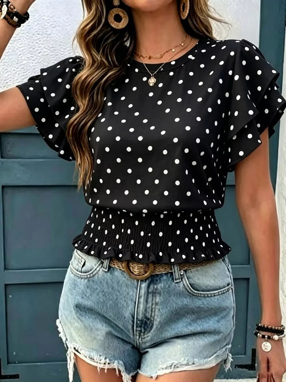 Polka Dot Ruffle Sleeve Blouse, model styling view