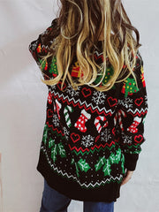 Black acrylic Fair Isle knit cardigan with Christmas motifs like trees, stockings, and candy canes.