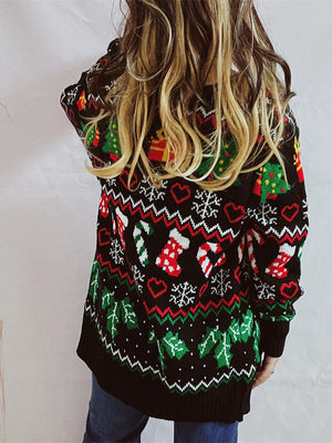 Black acrylic Fair Isle knit cardigan with Christmas motifs like trees, stockings, and candy canes.