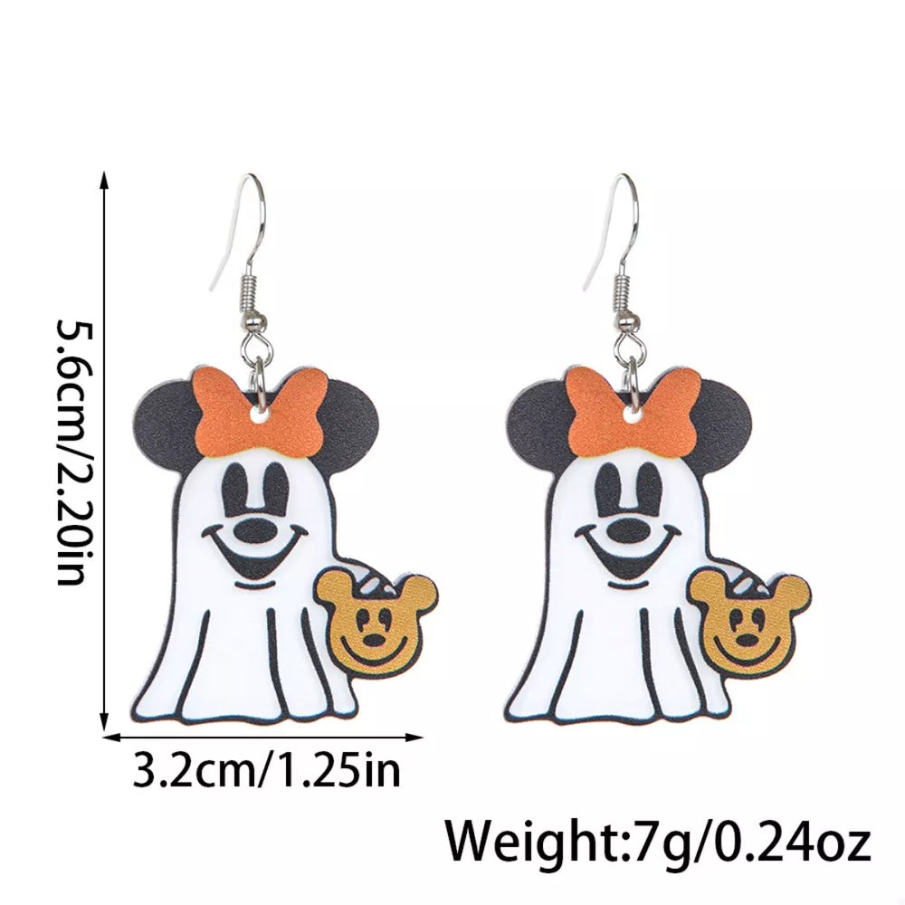 Charming ghost Mickey dangle earrings in black with orange bows, holding pumpkin Mickey heads.