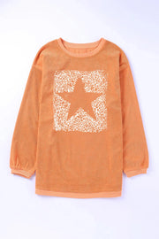 Leopard star graphic ribbed oversized sweatshirt in sherbet with crew neck and long sleeves.