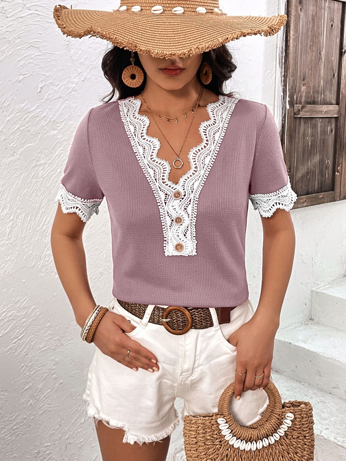 Lilac waffle knit henley with lace trim and button detail