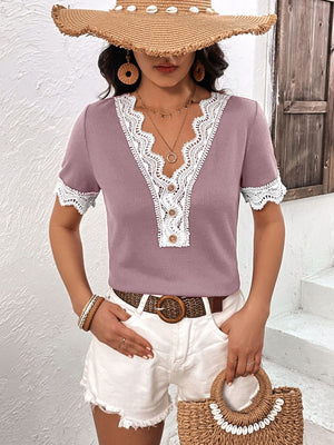 Lilac waffle knit henley with lace trim and button detail