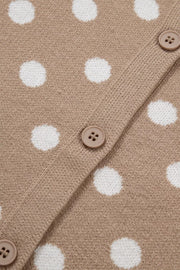 Camel polka dot short sleeve cardigan with button-down closure