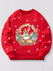 Red cotton crew neck sweatshirt with white polka dots and a bunny graphic.