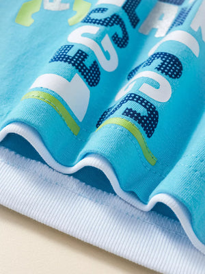 Blue cotton tee with playful robot graphic and white trim, part of a baby set.