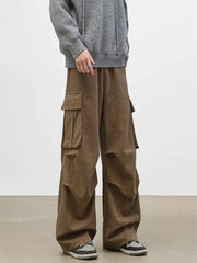 Brown utility cargo pants with multiple pockets and a relaxed fit.