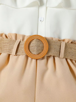 Toddler ruffled set in beige with a belted waist and wood-look buckle detail.