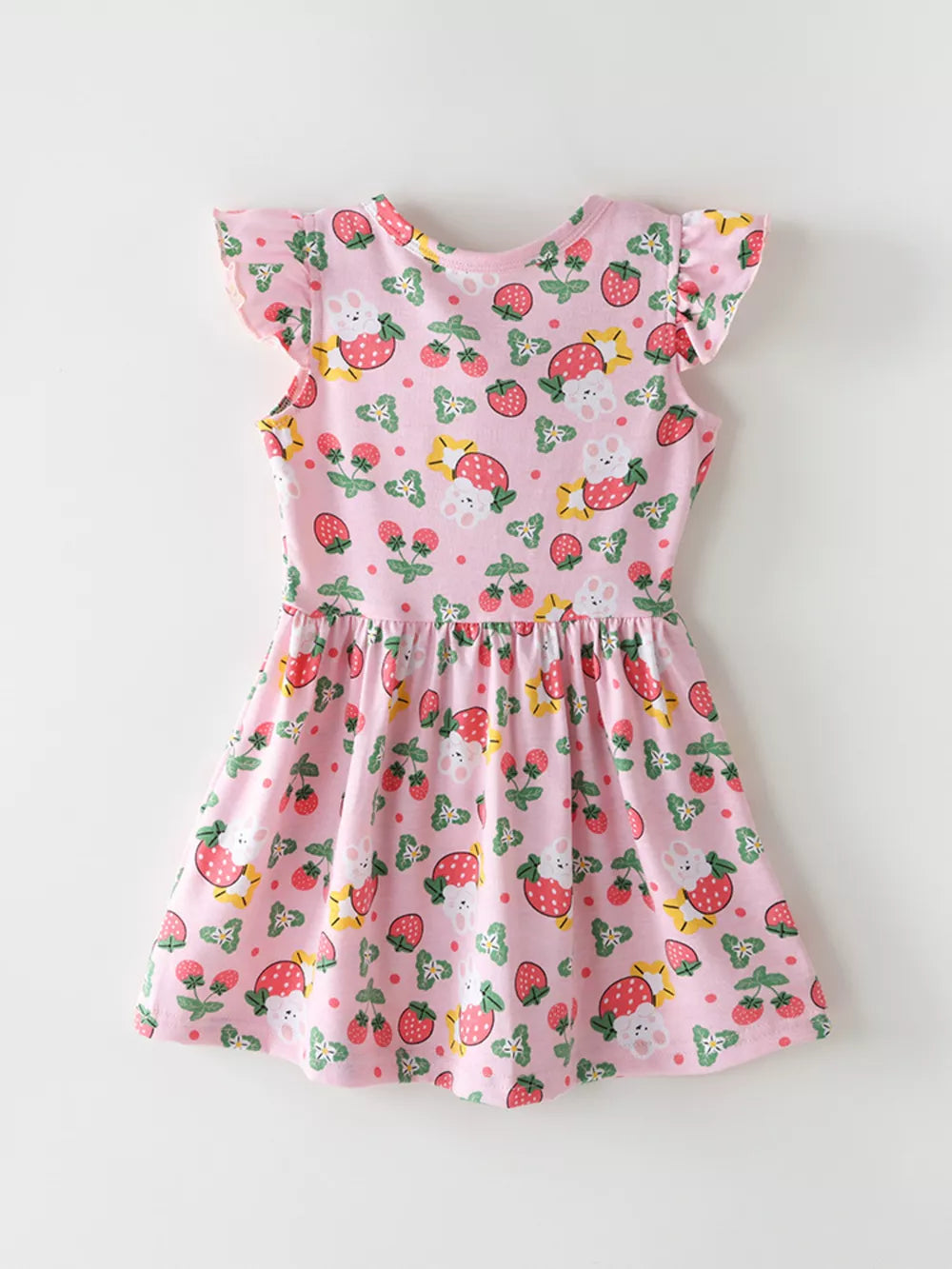Children's Strawberry Print Ruffle Sleeve Dress, back view