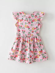 Children's Strawberry Print Ruffle Sleeve Dress, back view