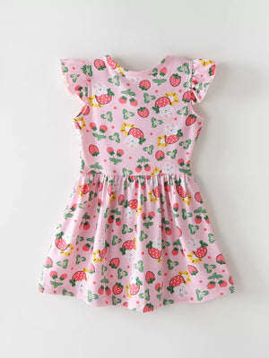 Children's Strawberry Print Ruffle Sleeve Dress, back view