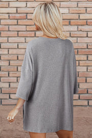 Gray ribbed knit lounge set top with relaxed silhouette and 3/4 sleeves.