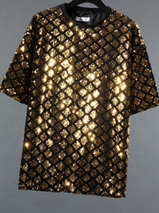 Men's gold sequin t-shirt with round neck and short sleeves, featuring a diamond pattern.