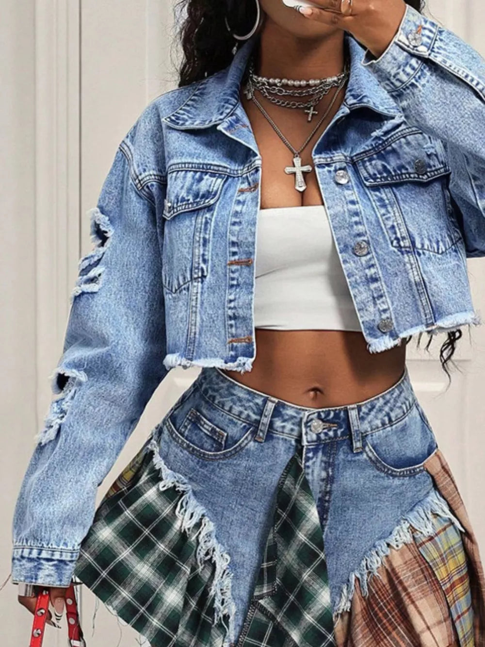 Distressed Cropped Denim Jacket, alternate angle