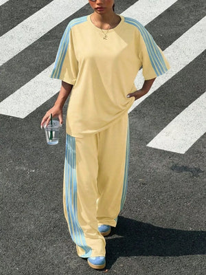 Striped Short Sleeve Top And Pants Set, front view