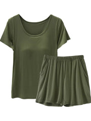 Army green two-piece pajama set with scoop neck tee and elastic waist shorts with pockets.