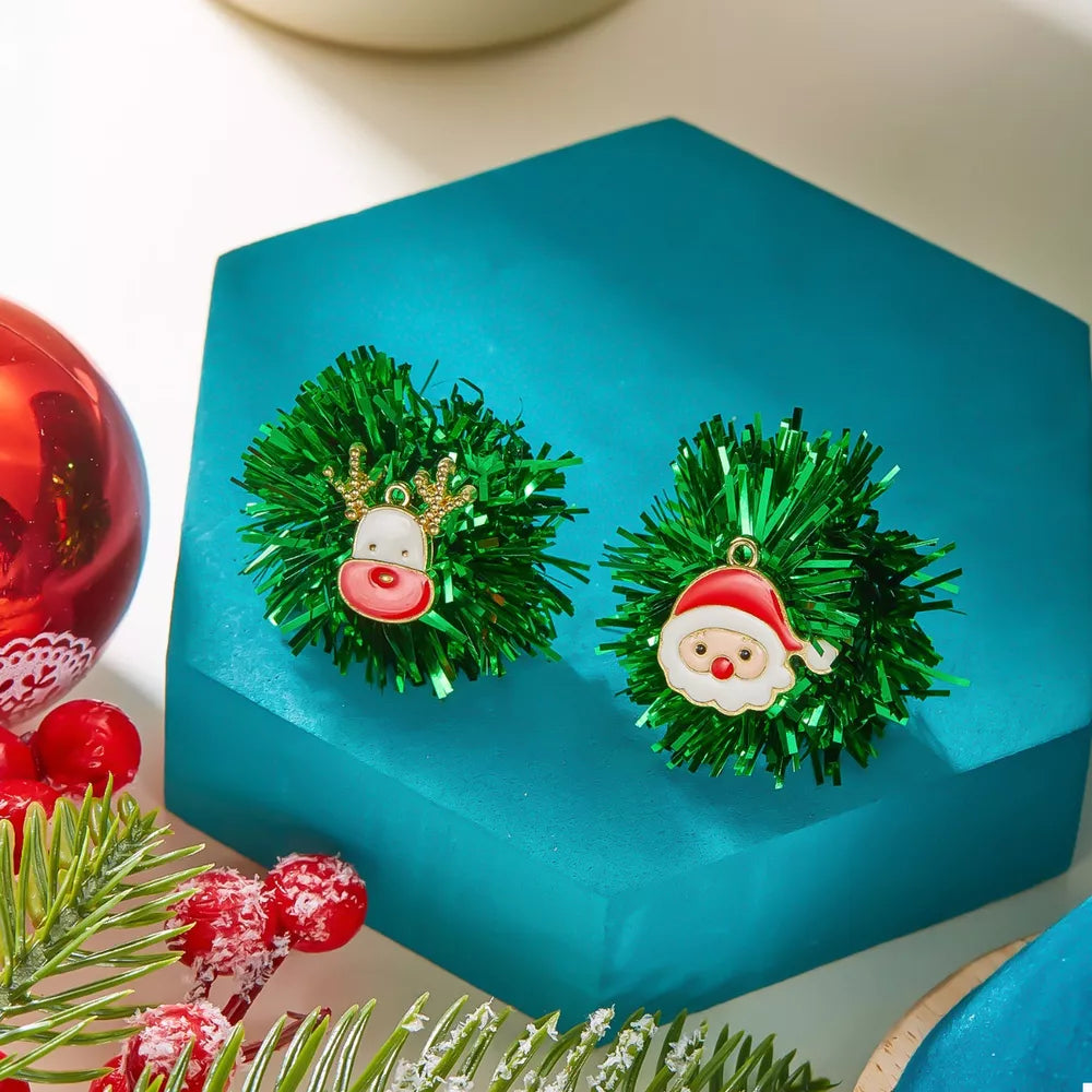 Festive tinsel ball earrings with Santa and reindeer charms in green.