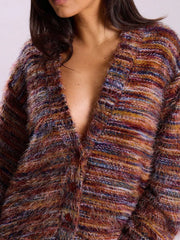 Cozy textured knit cardigan with buttons in a multicolor stripe pattern.