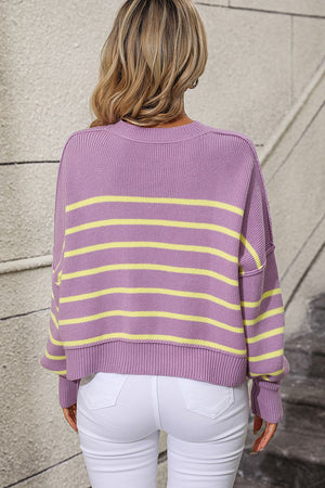 Lavender and yellow striped boxy knit sweater with crew neck and ribbed trim.