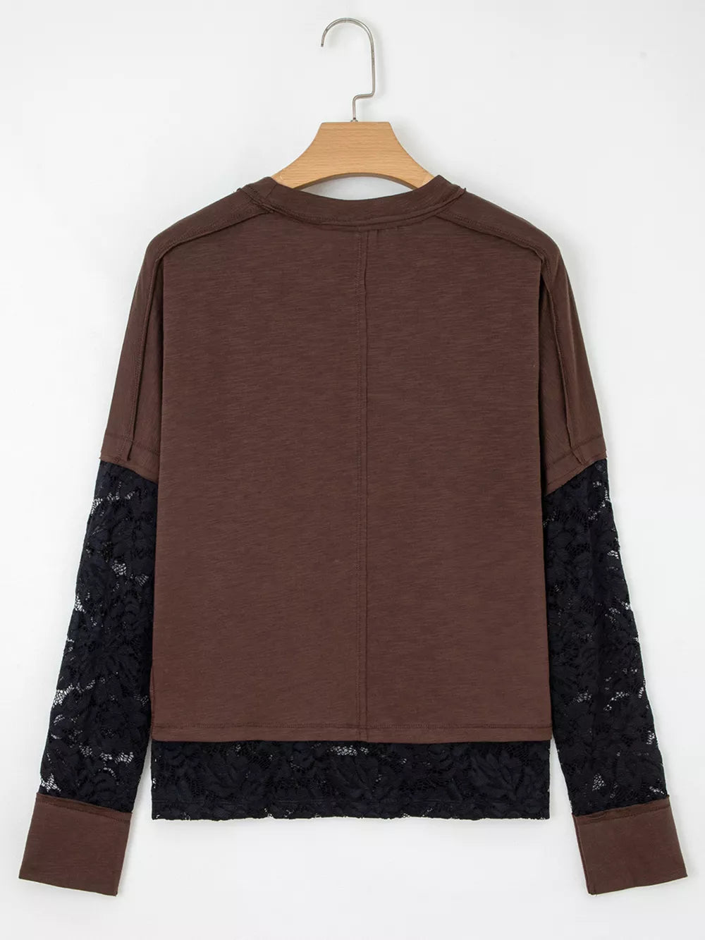 Brown cotton t-shirt with long black lace sleeves and lace hem detail