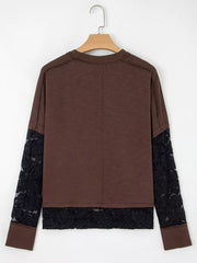 Brown cotton t-shirt with long black lace sleeves and lace hem detail