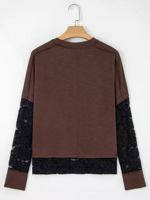 Brown cotton t-shirt with long black lace sleeves and lace hem detail