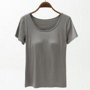 Gray scoop neck t-shirt with built-in bra and short sleeves.