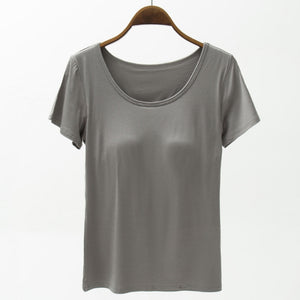 Gray scoop neck t-shirt with built-in bra and short sleeves.
