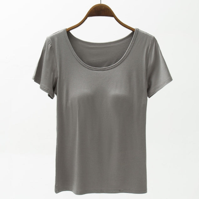 Gray scoop neck t-shirt with built-in bra and short sleeves.
