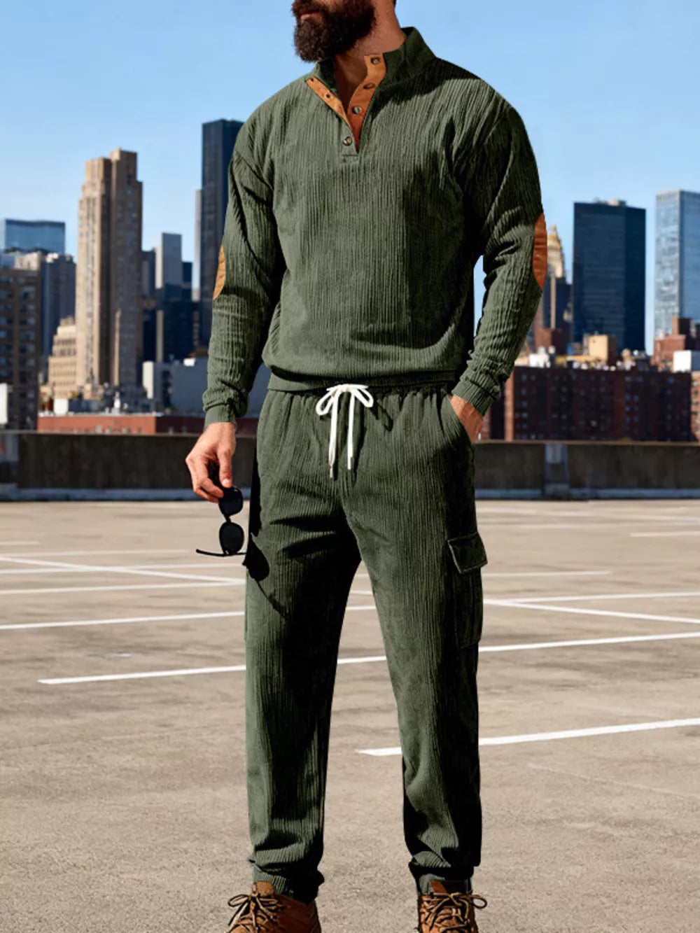 Men's Casual Button Detail Top And Pants Set in Gray, fabric detail