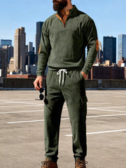 Men's Casual Button Detail Top And Pants Set in Gray, fabric detail