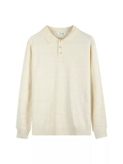 Apricot knit polo shirt with button accents and textured pattern.