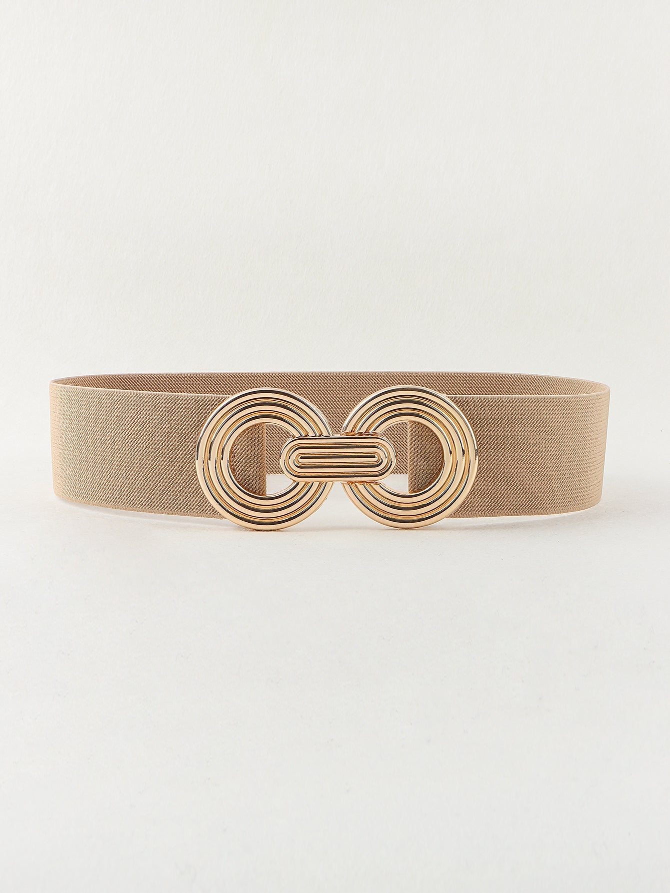 Khaki stretch belt with interlocking gold circle buckle