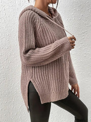 Mocha textured knit hoodie with side slit and drawstring hood.