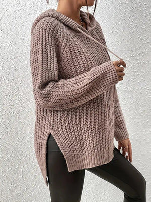 Mocha textured knit hoodie with side slit and drawstring hood.
