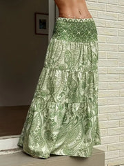 Bohemian paisley maxi skirt in Gum Leaf green with tiered ruffles and smocked waist