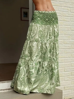 Bohemian paisley maxi skirt in Gum Leaf green with tiered ruffles and smocked waist