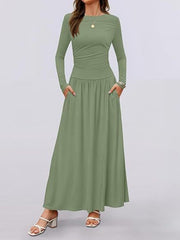 Green ruched long sleeve maxi dress with pockets and elastic waist
