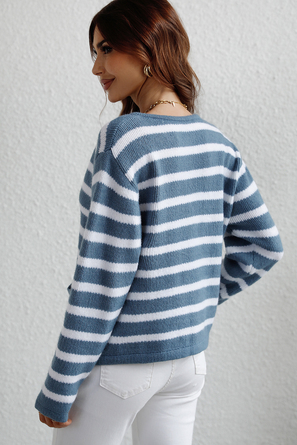 Dusty Blue and White striped knit cardigan with gold buttons, acrylic.