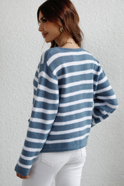 Dusty Blue and White striped knit cardigan with gold buttons, acrylic.
