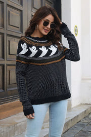 Spooky jacquard knit crewneck sweater in black with white ghost pattern and fair isle detail.